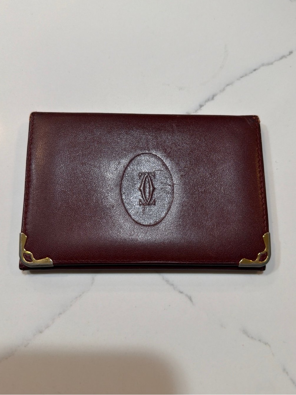 Authentic Cartier Leather Card Holder - Burgundy With Gold Corners